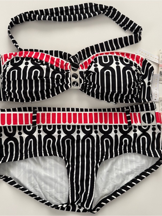 Trina Turk Other - Trina Turk Mod Maze Black White Red Geometric Bikini Bandeau Belted Retro 10 NWT